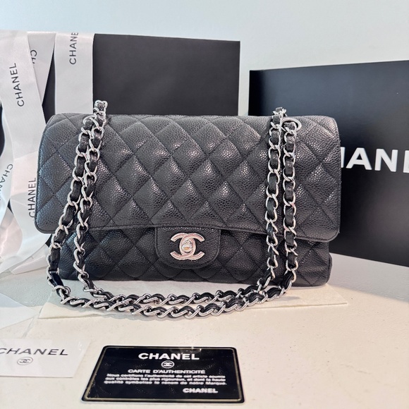 CHANEL Handbags - CHANEL - Classic Medium Flap, Caviar Black Leather, Silver Hardware, Full Set